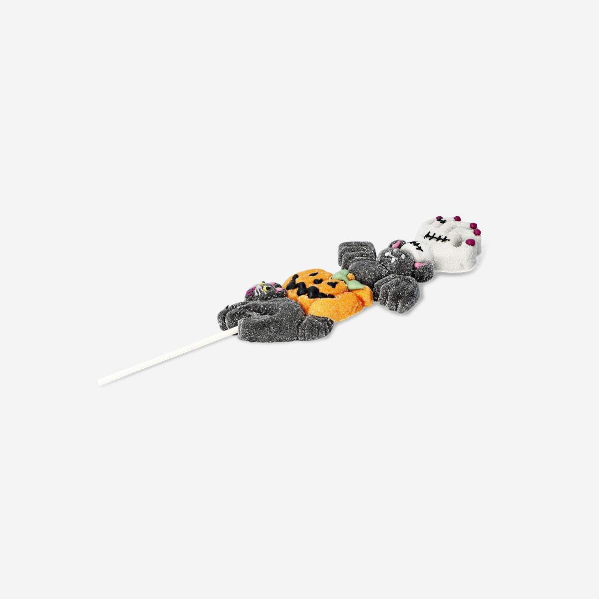 Vanilla-flavored Halloween marshmallow on a stick from Flying Tiger Copenhagen, featuring festive orange and black colors