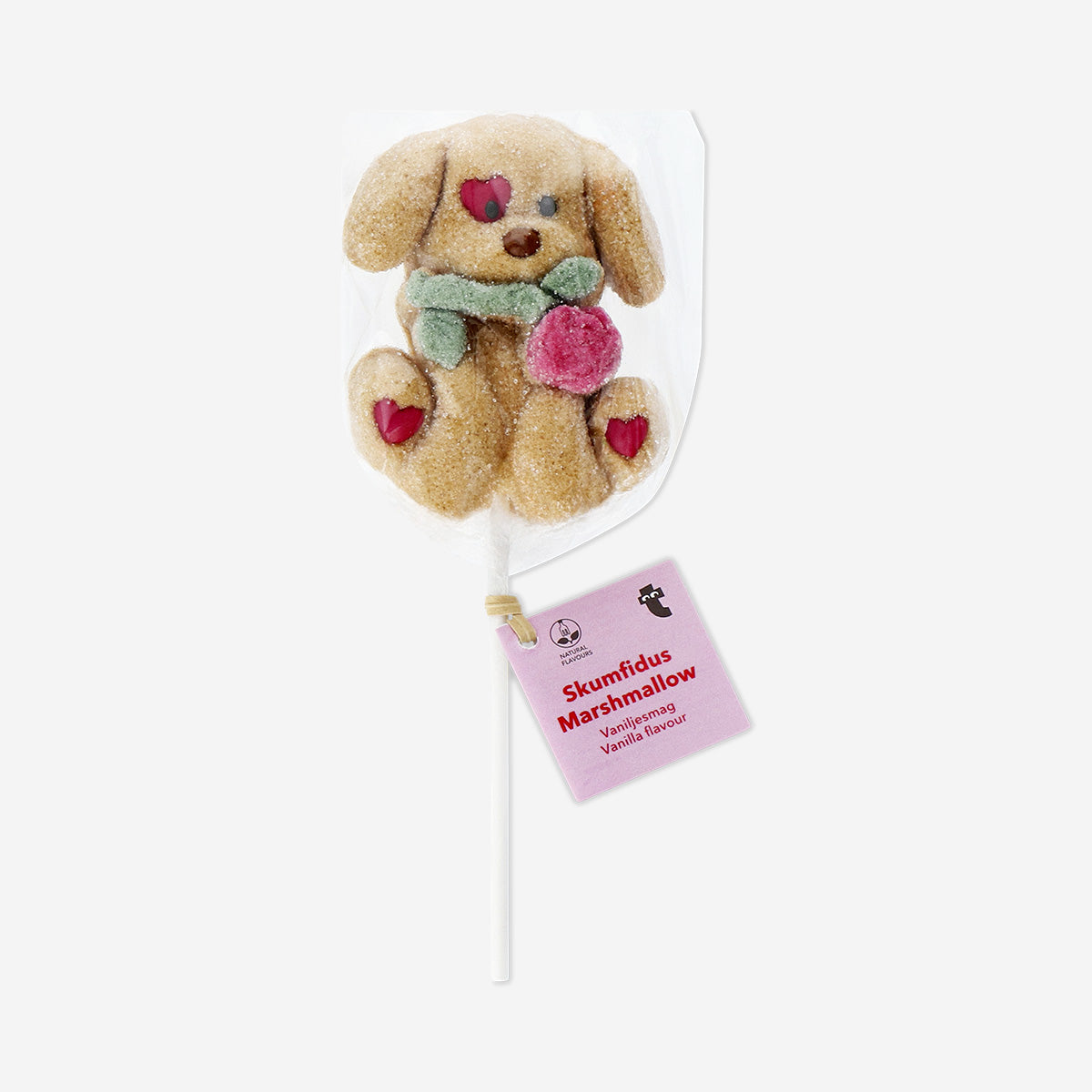 Vanilla-flavored marshmallow dog on a stick, a fun treat from Flying Tiger Copenhagen, with a soft marshmallow shape and stick handle.