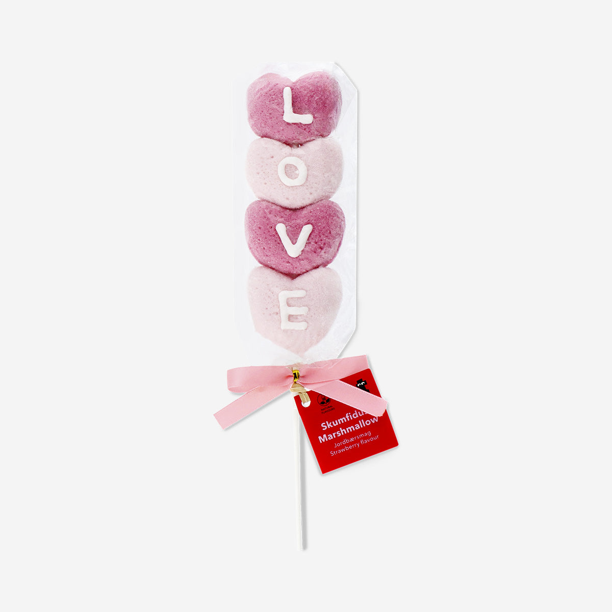 Strawberry-flavored marshmallow hearts on a stick from Flying Tiger Copenhagen, soft and sweet candy treat.