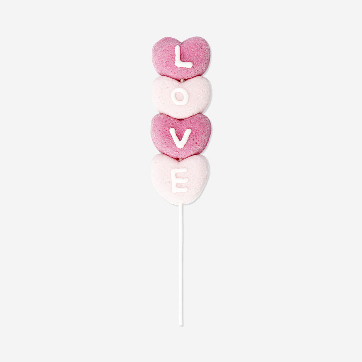 Strawberry-flavored marshmallow hearts on a stick from Flying Tiger Copenhagen, colorful and sweet confectionery treat.