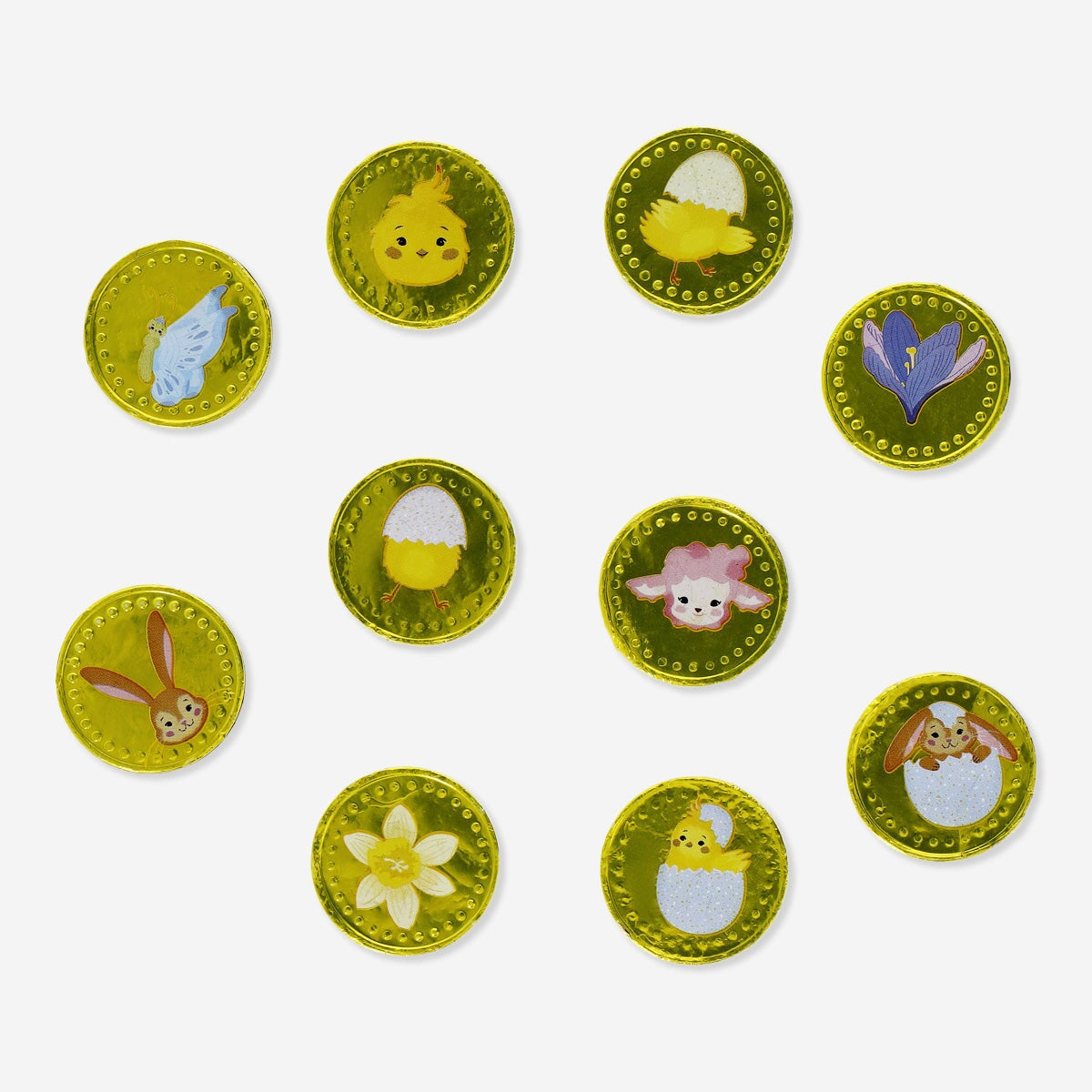 Milk chocolate coins in colorful foil wrappers from Flying Tiger Copenhagen, arranged in a pile on a white background.