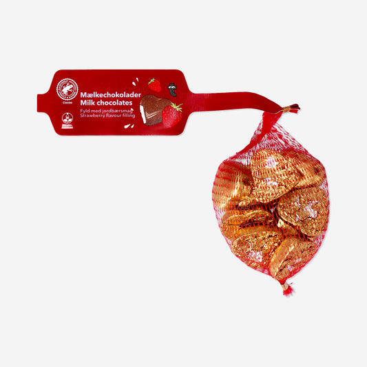 Maitosuklaasydämiä verkossa mansikkatäytteellä varustettuna