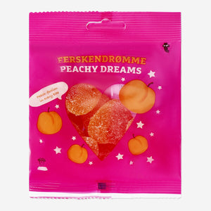 Flying Tiger Copenhagen Peachy Dreams food product in bright packaging, featuring peach illustrations and vibrant colors.