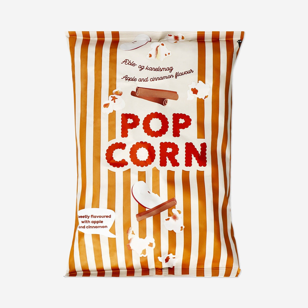 Apple cinnamon flavored popcorn from Flying Tiger Copenhagen, showing a bowl of crispy, spiced popcorn on a neutral background.