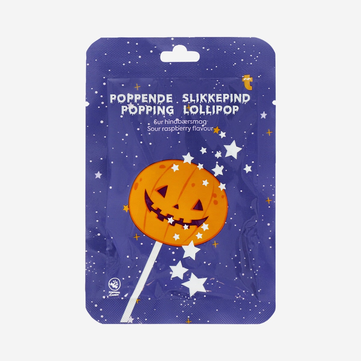 Popping pumpkin lollipop with sour raspberry flavor from Flying Tiger Copenhagen, showing orange pumpkin shape and colorful candy exterior.
