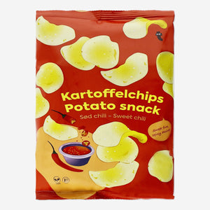 Bag of Flying Tiger Copenhagen sweet chili potato chips showing the colorful packaging and crispy chips inside.