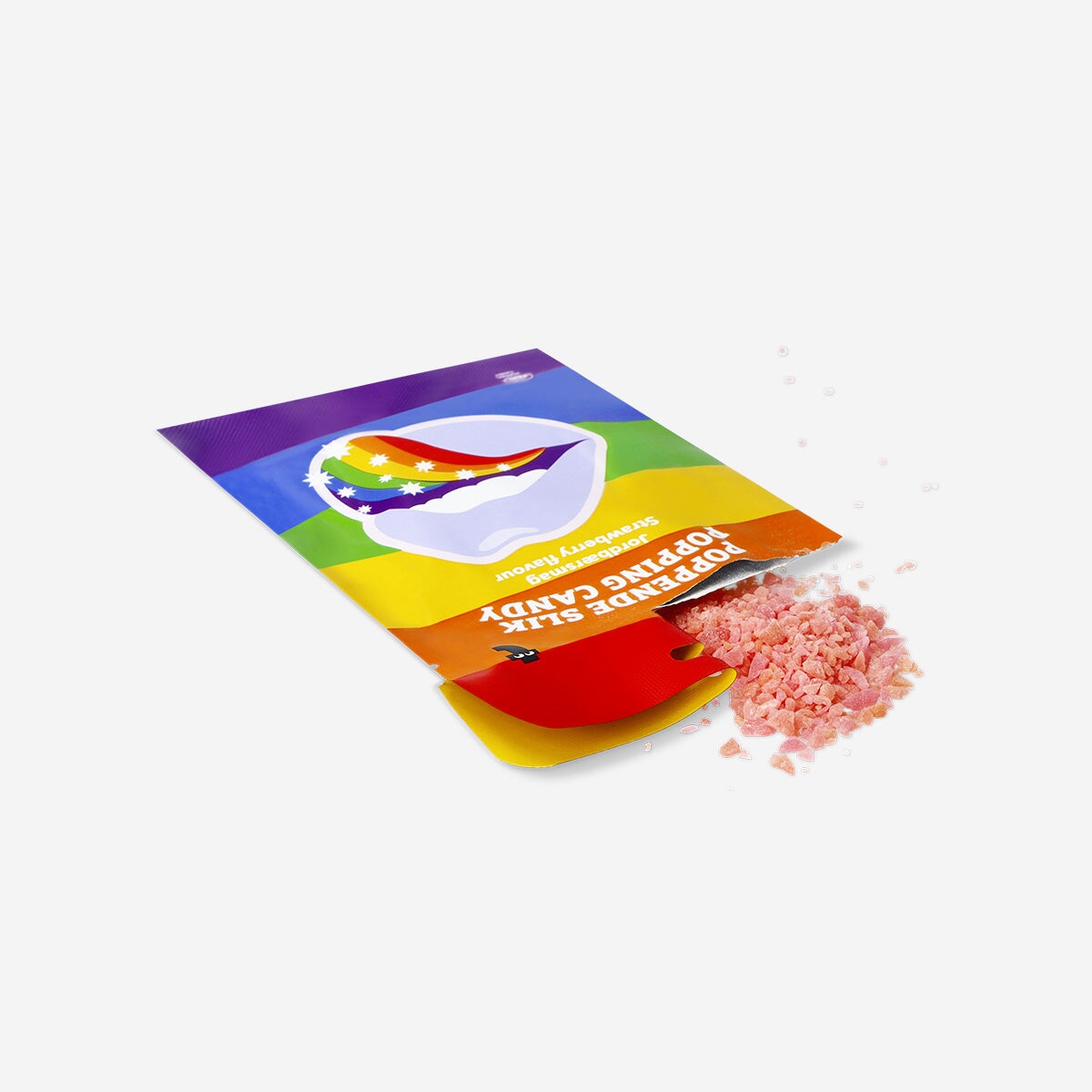 Rainbow strawberry popping candy from Flying Tiger Copenhagen, showing colorful, crunchy candy pieces in a close-up image.