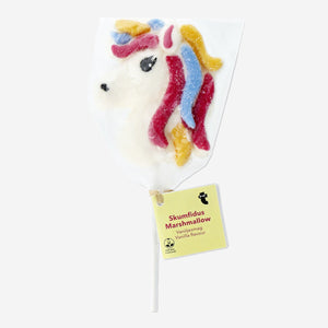 Unicorn marshmallow on a stick with vanilla flavor, colorful sugar coating, from Flying Tiger Copenhagen, sweet candy treat.