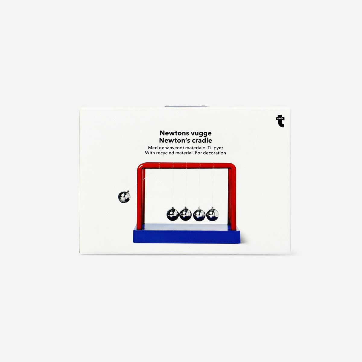 Blue and red Newton's cradle gadget by Flying Tiger Copenhagen with metal balls swinging in a modern display.