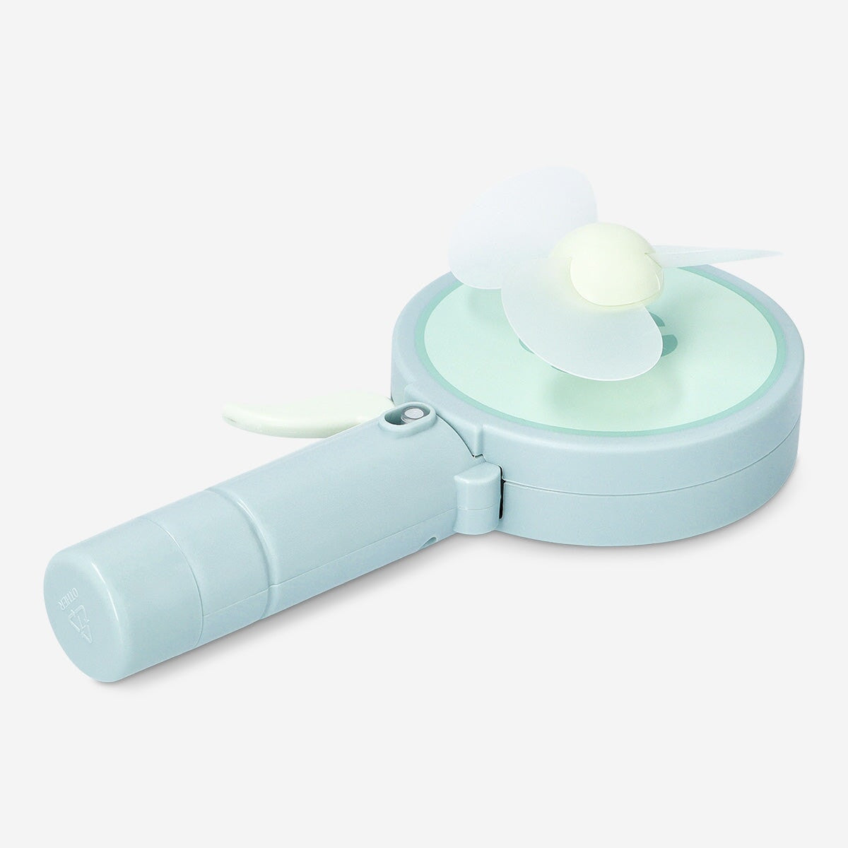 Flying Tiger Copenhagen mist spray fan gadget with a compact design, featuring a spray nozzle and fan blades for cooling and misting.