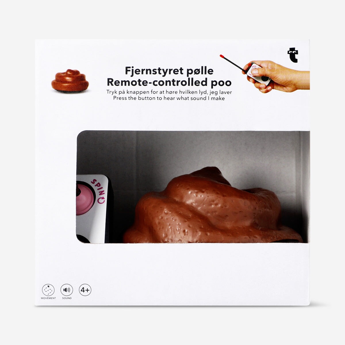 Remote-controlled poo gadget with sound from Flying Tiger Copenhagen, showing a playful, animated character with sound effects.