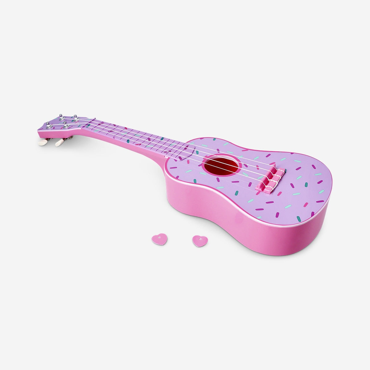 Flying Tiger Copenhagen ukulele gadget with colorful doughnut print, showcasing a fun, compact musical instrument design.