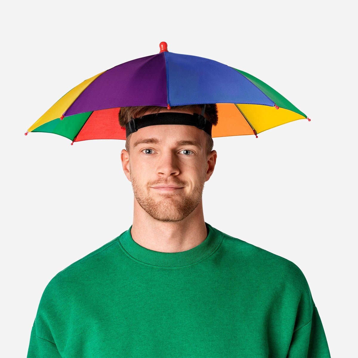 Flying Tiger Copenhagen umbrella hat gadget with wide brim and adjustable strap, designed to keep rain off your head.