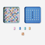 Flying Tiger Copenhagen 2-in-1 board game set featuring colorful game pieces and a foldable game board for fun indoor play