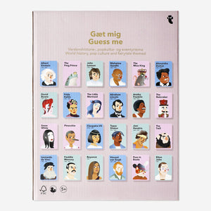 Flying Tiger Copenhagen Guess Me game featuring world history, pop culture, and fairytale themes with colorful illustrated cards.