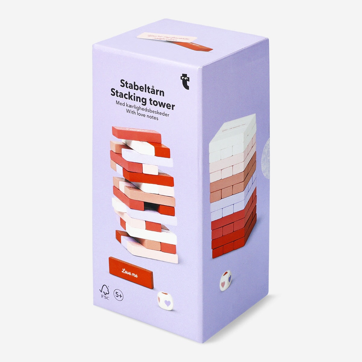 Flying Tiger Copenhagen stacking tower game with Valentine's messages, colorful wooden blocks for fun and romantic gift exchange.