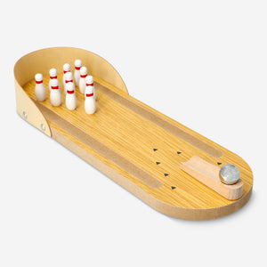 Wooden bowling game by Flying Tiger Copenhagen featuring colorful pins and a wooden ball for fun indoor play.
