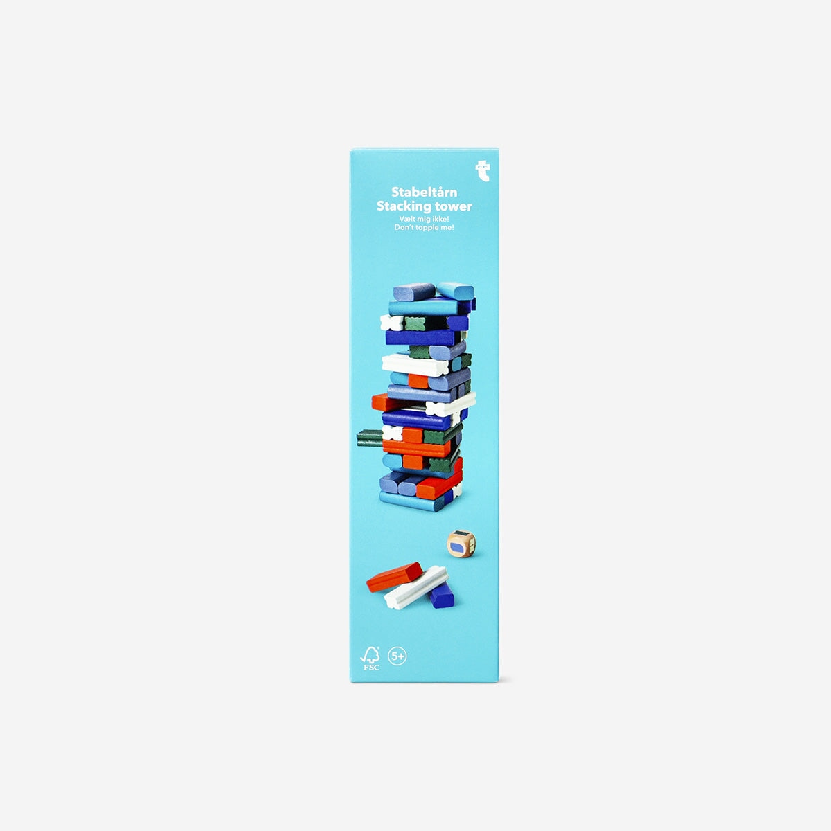Wooden stacking tower game by Flying Tiger Copenhagen, colorful blocks stacked in a playful arrangement.
