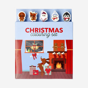 Christmas colouring book with coloured pencils by Flying Tiger Copenhagen, featuring festive holiday illustrations for creative fun.