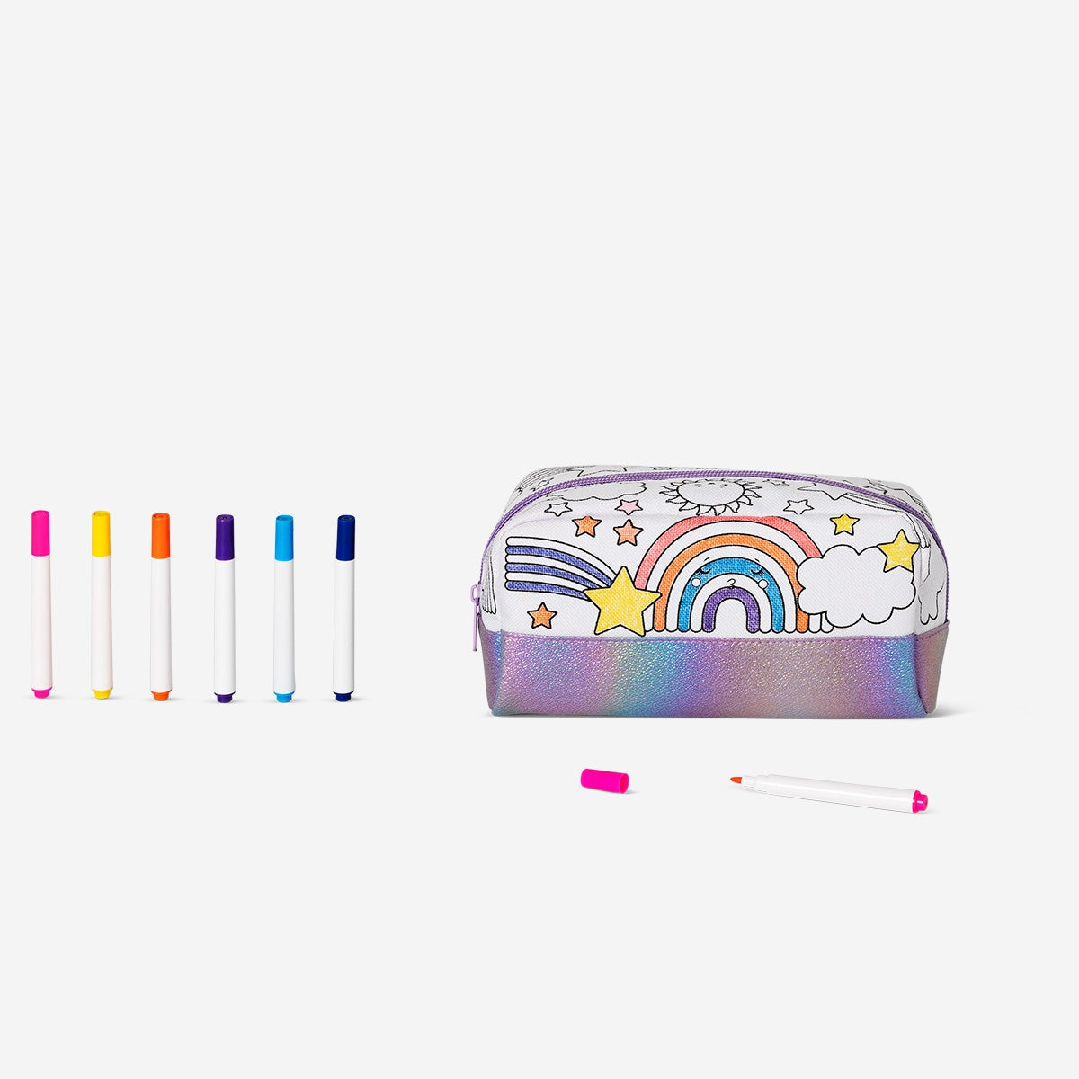 Color-your-own pencil case from Flying Tiger Copenhagen with six vibrant markers, perfect for creative hobby activities.