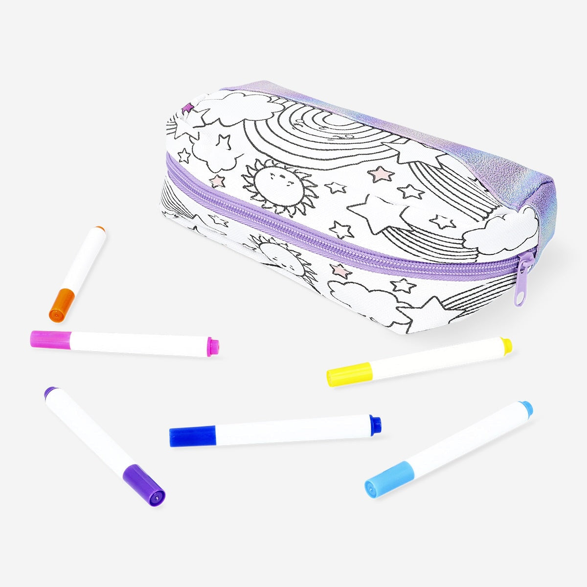 Color-your-own pencil case from Flying Tiger Copenhagen with six markers, featuring a fun, customizable design for creative kids.