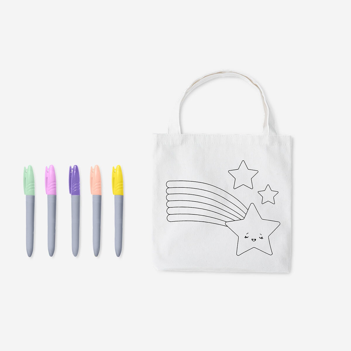 Flying Tiger Copenhagen color-your-own small tote bag with markers, featuring a simple design ready for customization.