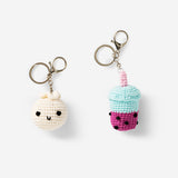 Two colorful DIY crochet keyrings by Flying Tiger Copenhagen, perfect for crafting hobbies and accessorizing keys.