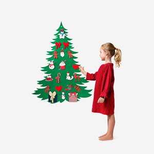 DIY felt Christmas tree with detachable decorations from Flying Tiger Copenhagen, featuring colorful felt tree and festive ornaments.