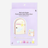 Paint-your-own fairy door hobby kit from Flying Tiger Copenhagen with stickers, featuring a small wooden fairy door for creative decorating.