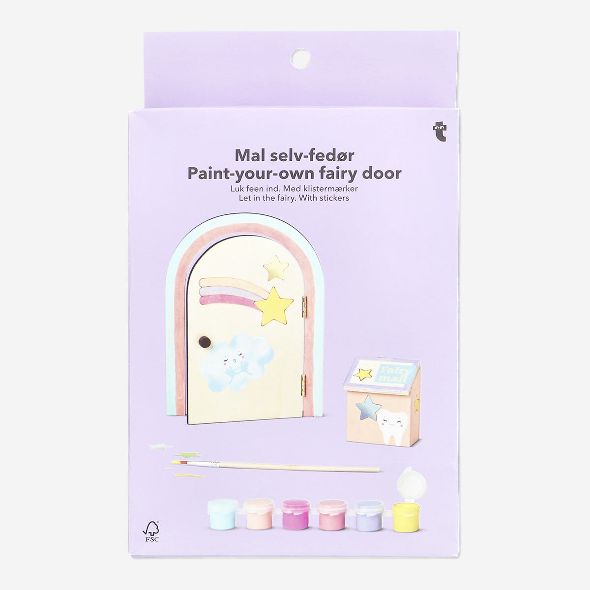 Paint-your-own fairy door hobby kit from Flying Tiger Copenhagen with stickers, featuring a small wooden fairy door for creative decorating.