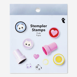 Set of 9 colorful kids' hobby stamps from Flying Tiger Copenhagen, featuring playful designs for creative art projects.