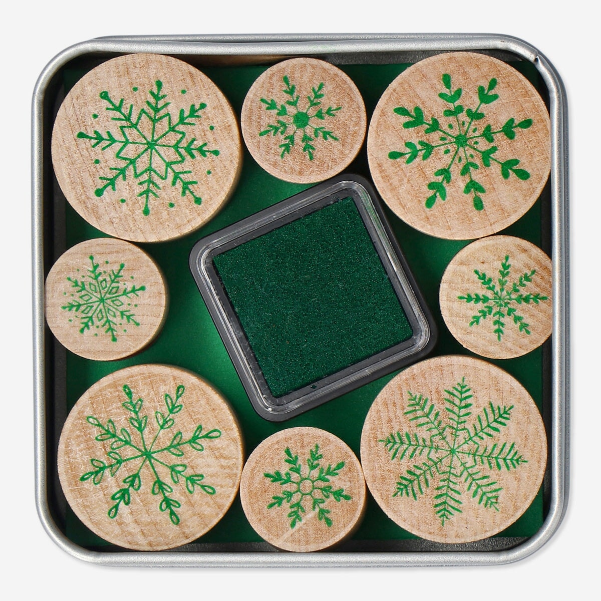 Wooden Christmas stamps with ink pad for crafting, featuring festive holiday designs from Flying Tiger Copenhagen.