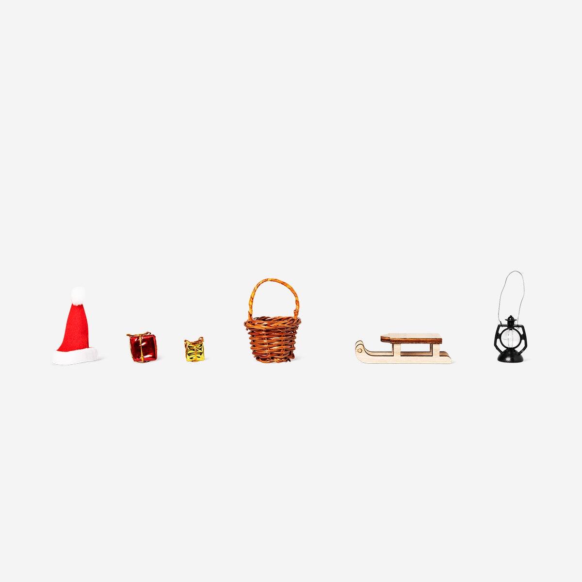 Set of six elf-themed home accessories from Flying Tiger Copenhagen, featuring small decorative items for elf home decor.
