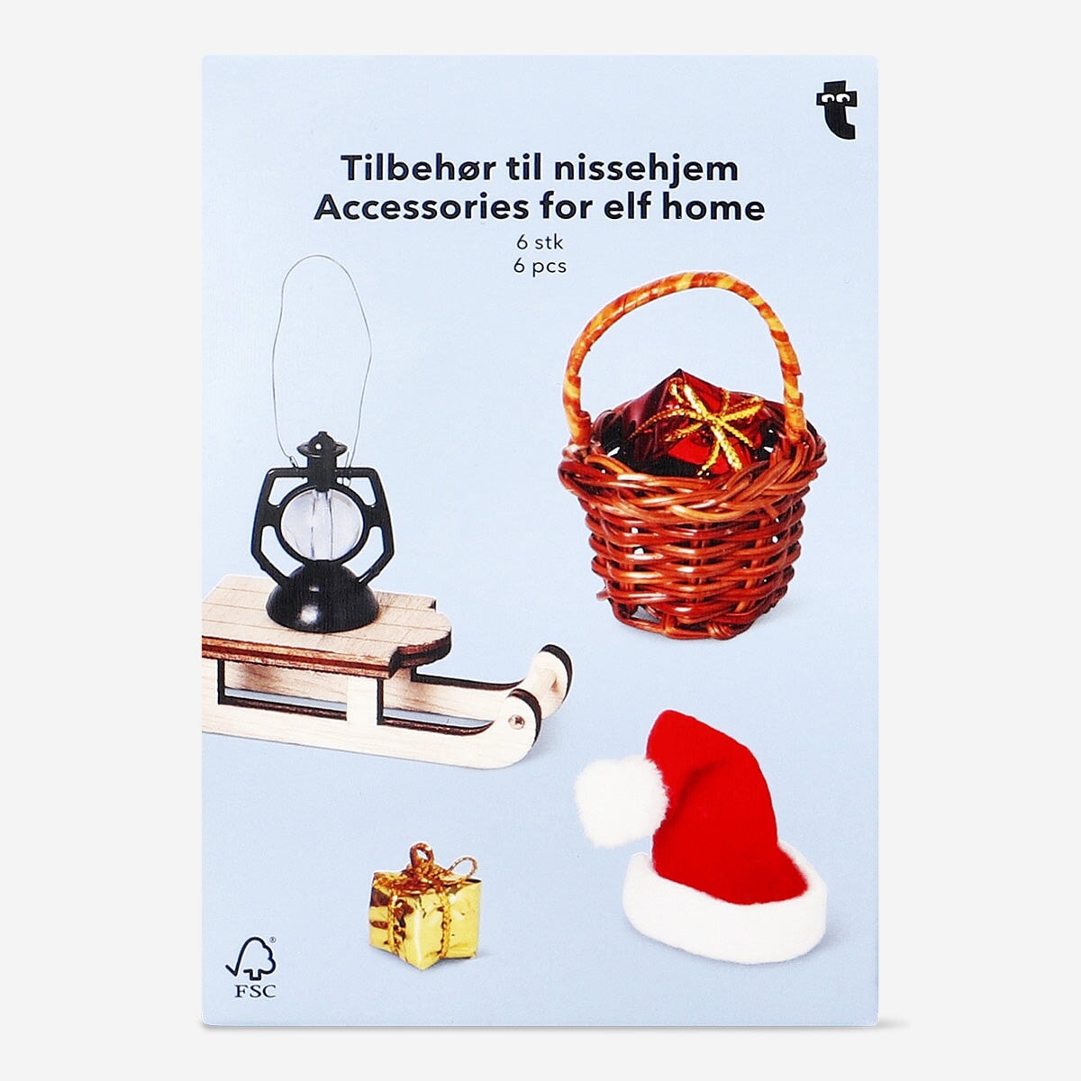 Set of six elf home accessories from Flying Tiger Copenhagen, including decorative and functional pieces for festive decor.