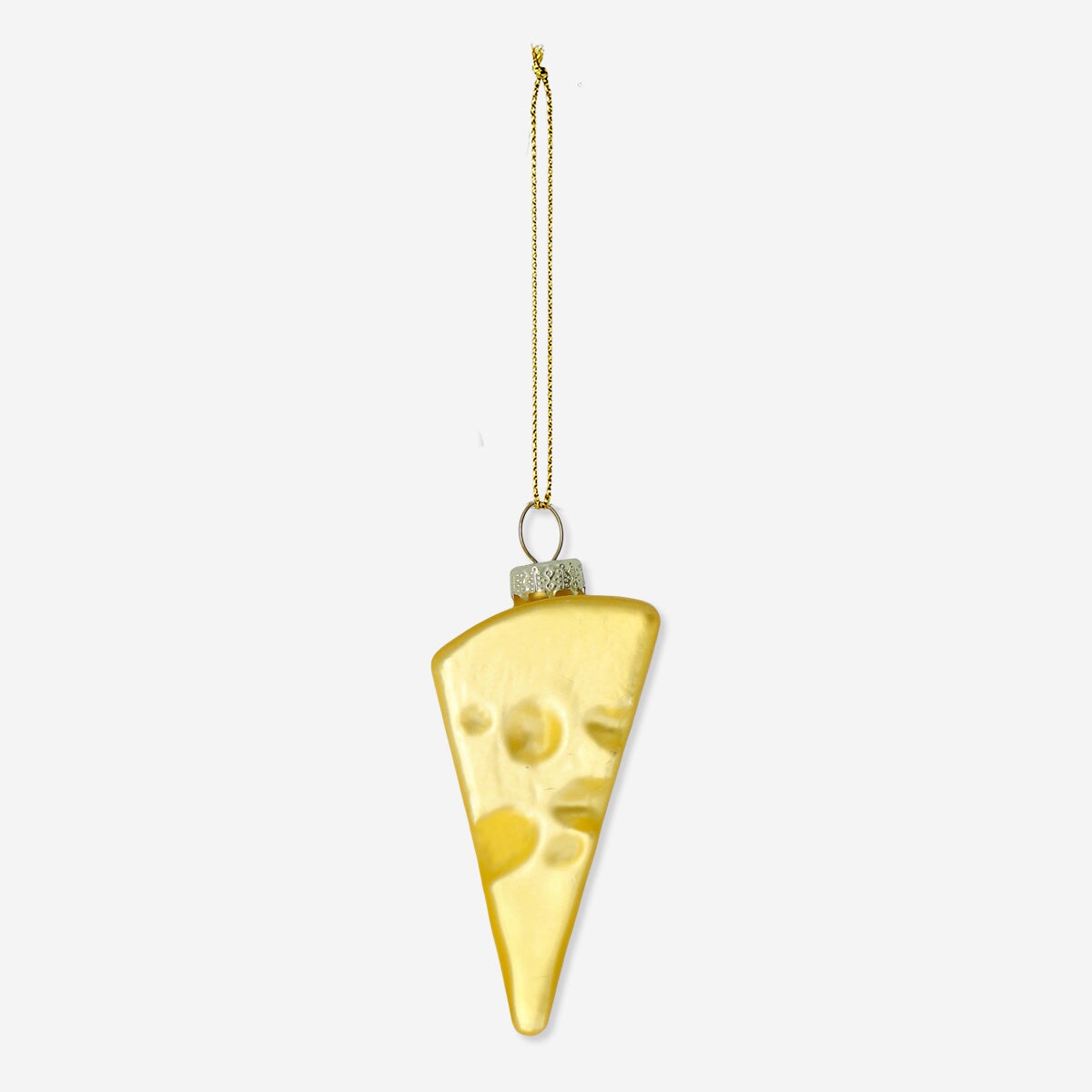 Flying Tiger Copenhagen Christmas cheese-shaped bauble hanging on a decorated tree branch.