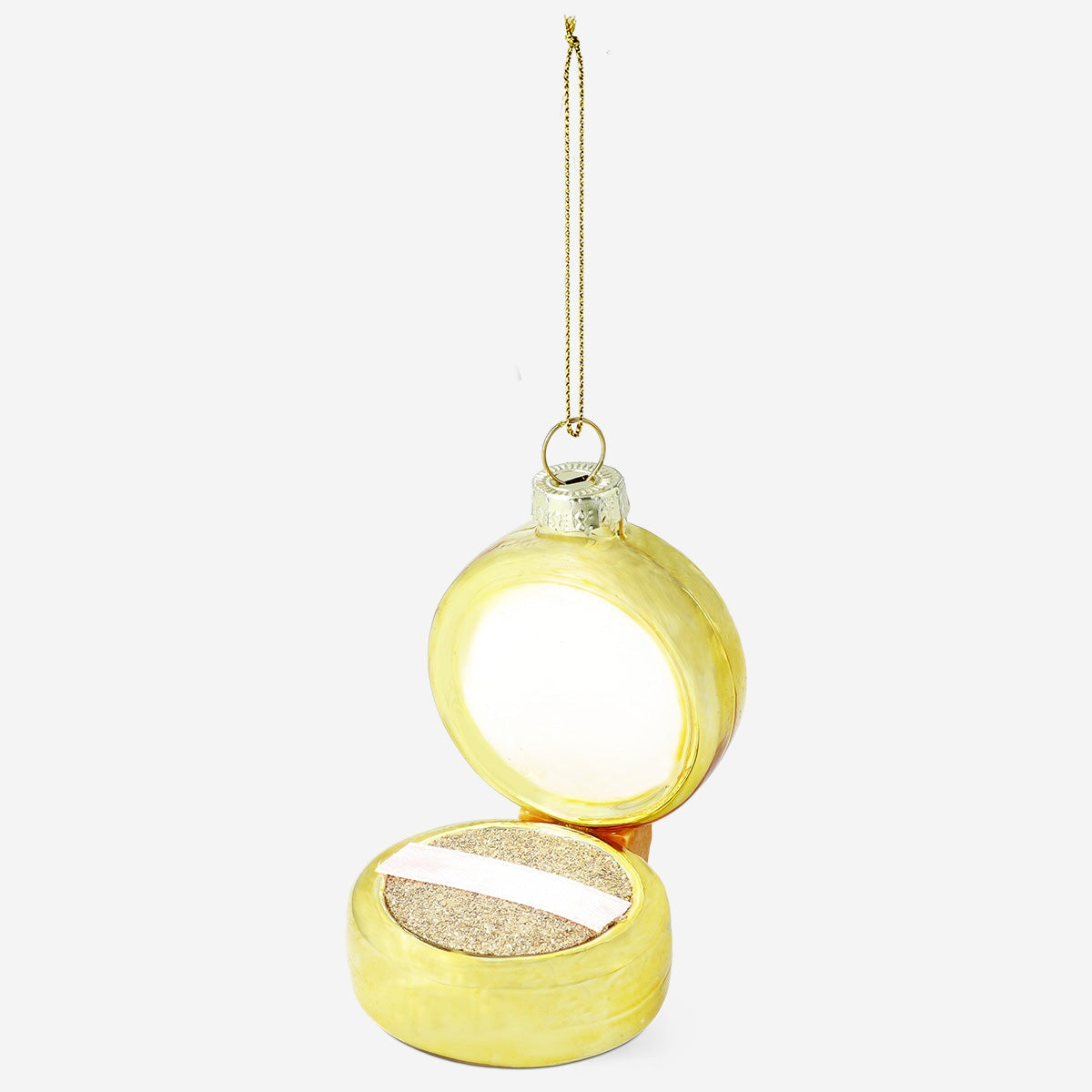 Christmas bauble designed like a face powder compact by Flying Tiger Copenhagen, festive holiday home decoration.
