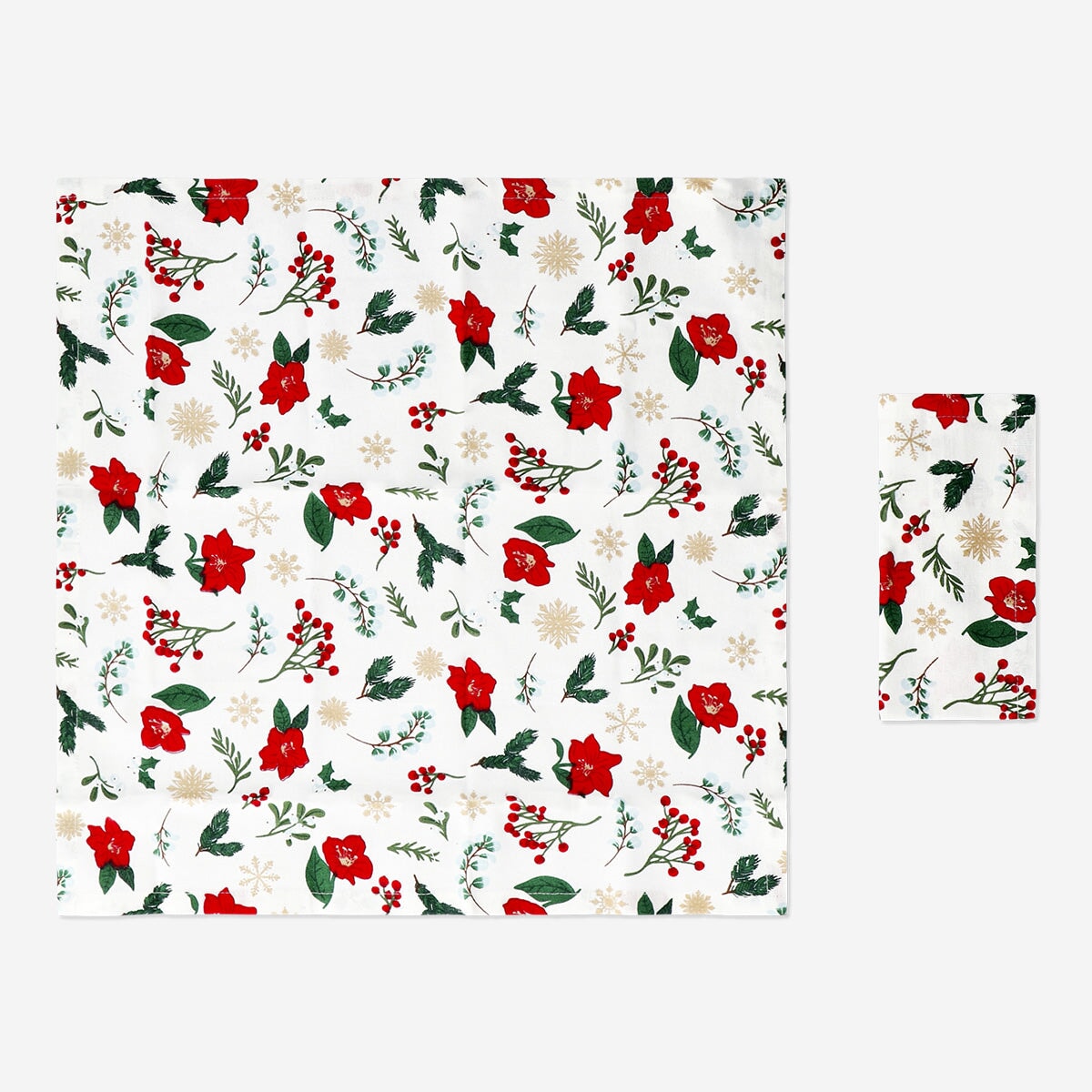 Set of two cotton Christmas flower napkins from Flying Tiger Copenhagen, featuring festive floral designs for holiday table decor.