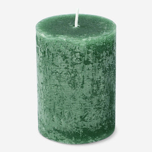Dark green rustic pillar candle from Flying Tiger Copenhagen, 8 cm tall, perfect for home decor and creating cozy ambiance.