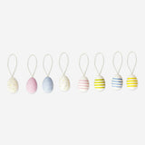 Set of six Flying Tiger Copenhagen Easter egg ornaments with colorful stripes and dots for home decoration.