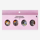 Four Easter glass ornaments in pastel colors, hanging decorative home decorations from Flying Tiger Copenhagen.
