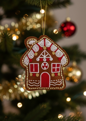 Hanging ornament of a gingerbread house with beads, decorative home decor piece by Flying Tiger Copenhagen.