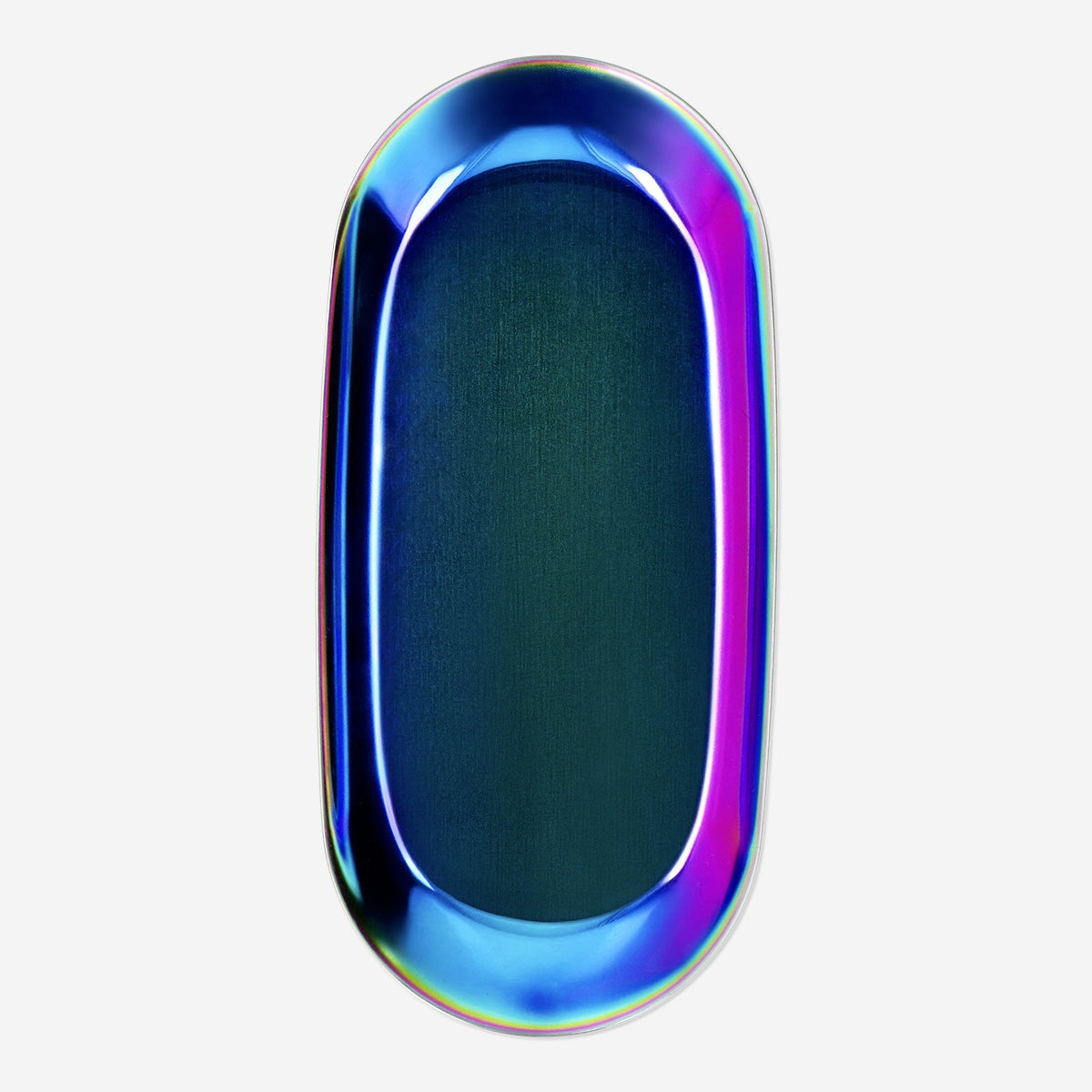 Holographic dish by Flying Tiger Copenhagen, round home decor item with iridescent, reflective surface for stylish table setting.