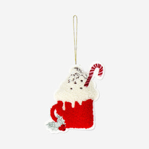 Flying Tiger Copenhagen hot chocolate bouclé ornament, cozy home decor with textured fabric and festive design.