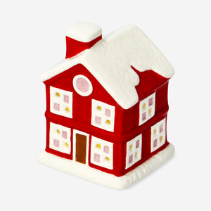 Red LED ceramic gingerbread house by Flying Tiger Copenhagen, 10 cm tall, decorative home ornament with festive lighting.