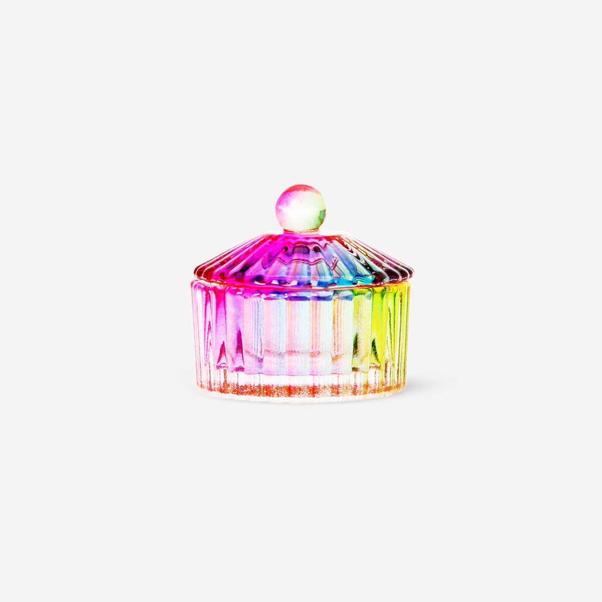 Mini decorative rainbow jar by Flying Tiger Copenhagen, round glass home decor with colorful rainbow design.
