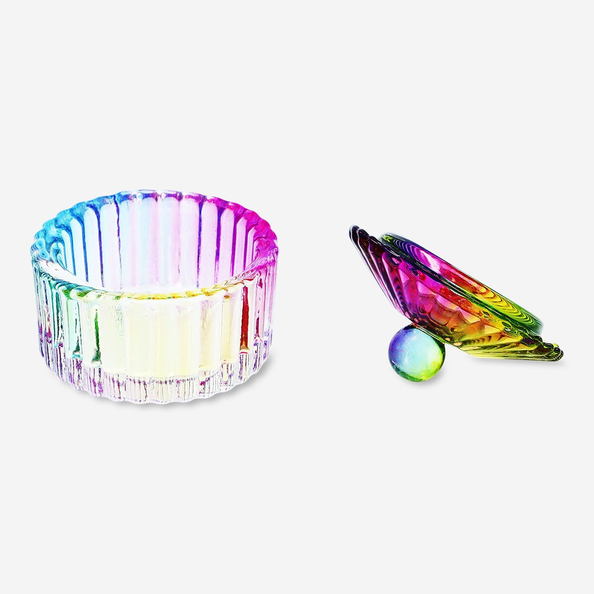 Mini decorative rainbow jar by Flying Tiger Copenhagen, round glass container with colorful rainbow design for home décor.