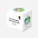 Mini green and blue rainbow jar from Flying Tiger Copenhagen, 4 cm tall, decorative glass home ornament with colorful rainbow design.