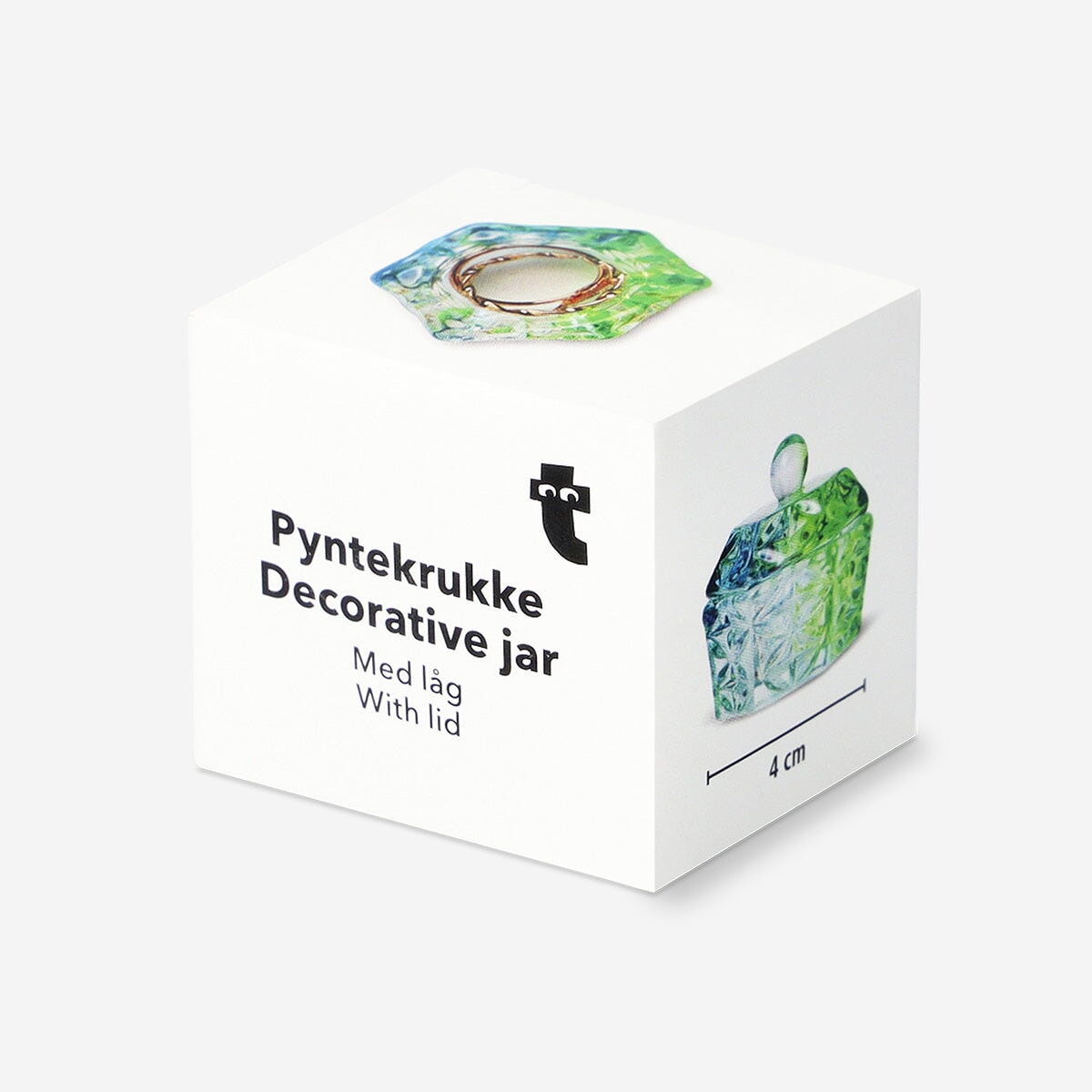 Mini green and blue rainbow jar from Flying Tiger Copenhagen, 4 cm tall, decorative glass home ornament with colorful rainbow design.