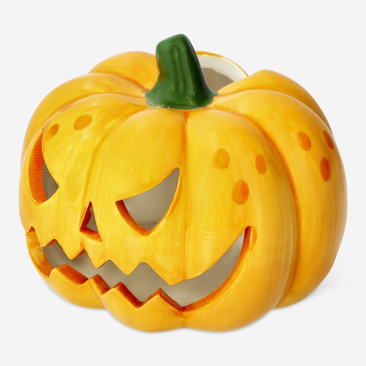 Pumpkin-shaped candle holder from Flying Tiger Copenhagen, designed for home decor, featuring a carved pumpkin design with a hollow center