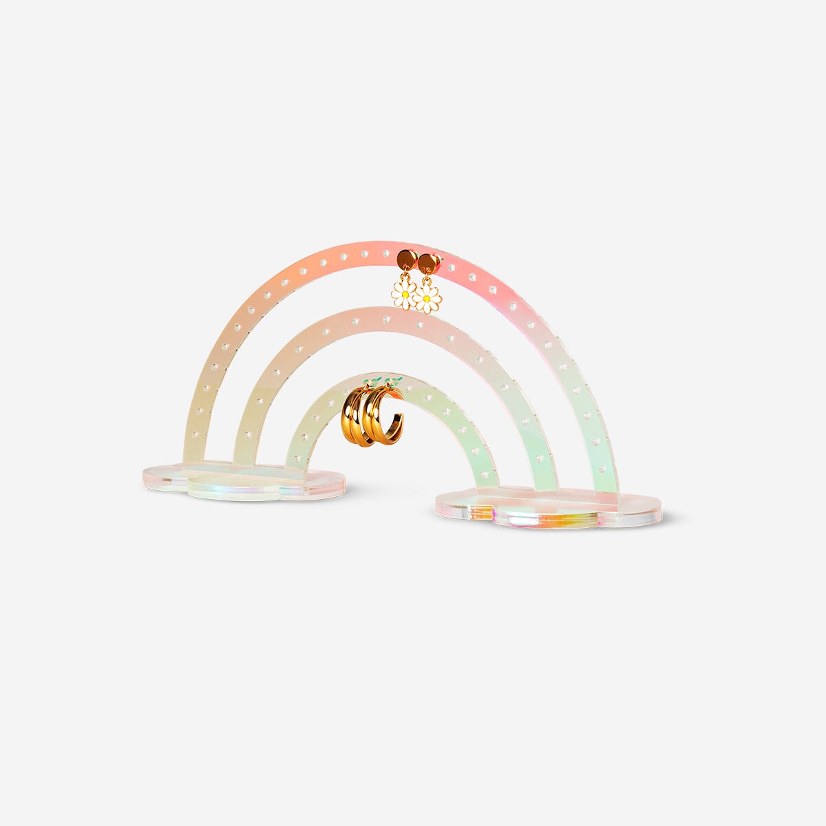 Rainbow jewellery stand for earrings by Flying Tiger Copenhagen, colorful home accessory with multiple hooks for organizing jewelry.